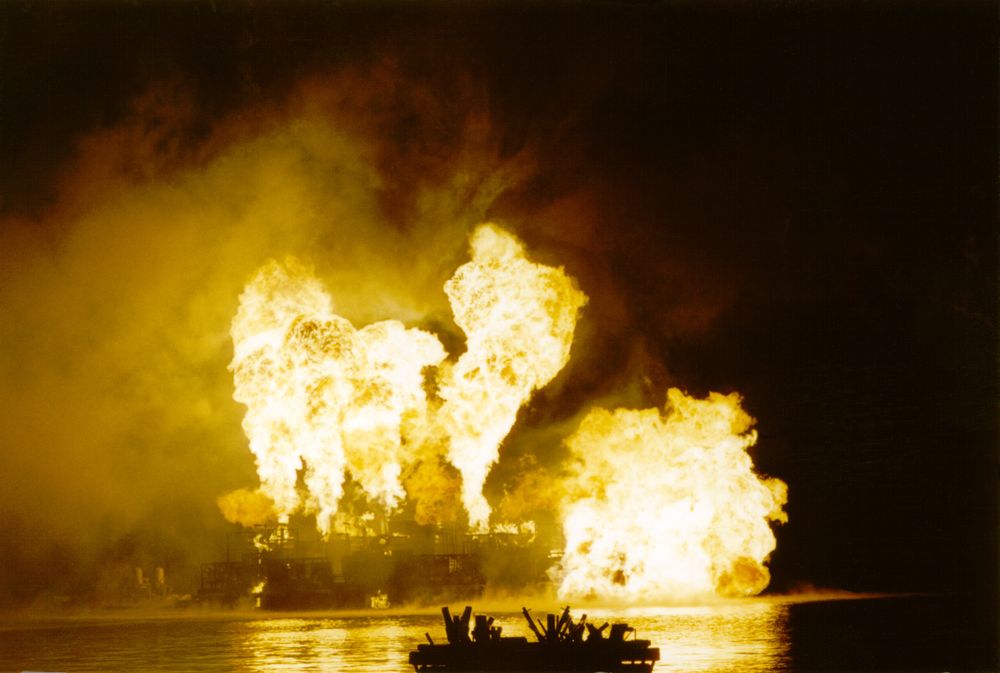 Flame effects erupting from Don D's Inferno, the MIDI-programmed fire barge on the Epcot lagoon
