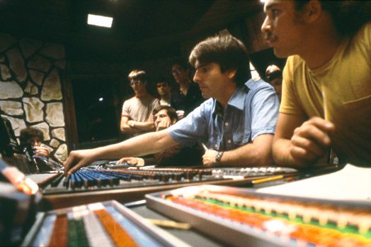 Don Dorsey and engineers at an audio console, 1981