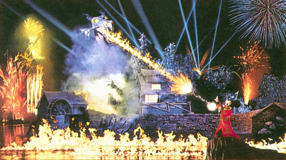 Fantasmic! on the Rivers of America, with projections, fire and lasers above the water